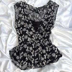 Style & Co Petite Black Floral Embroidered Mesh Peplum Blouse Top PL